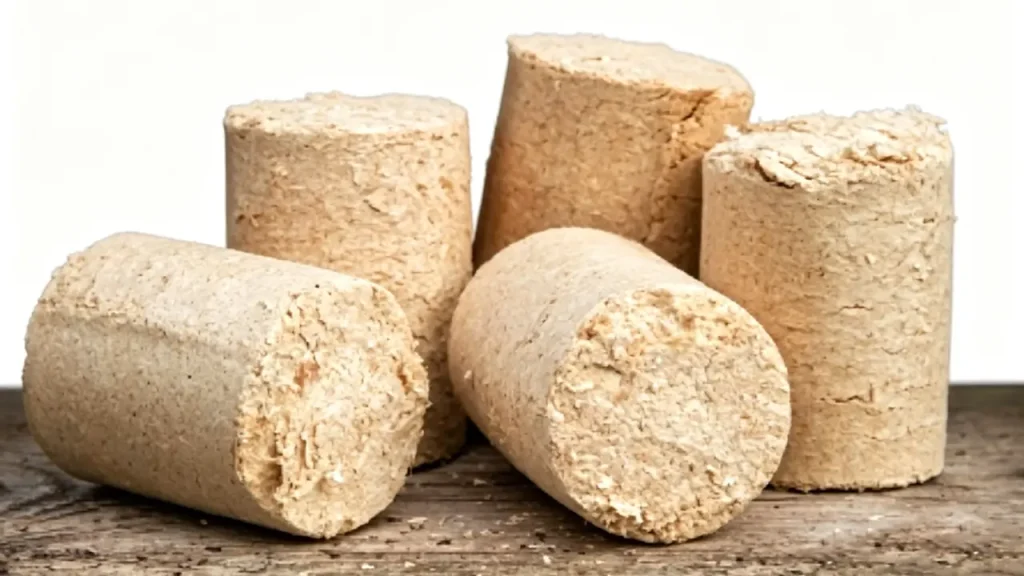 Briquetas de madera cilíndricas de alta densidad producidas por la prensa de briqueteado de UT Machinery, que muestran una textura uniforme y una relación de compresión de 10:1.