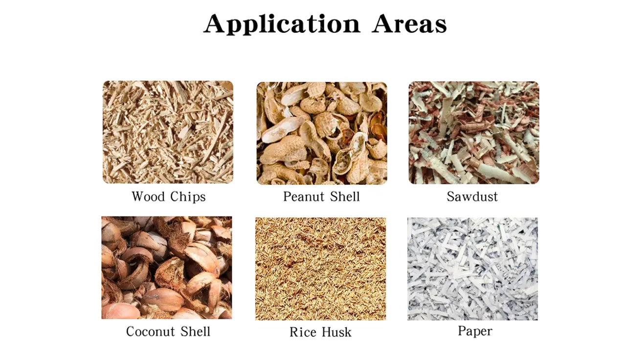 Diversas materias primas compatibles con la briqueteadora hidráulica, incluyendo astillas de madera, cáscaras de cacahuete, serrín, cáscaras de coco, cascarilla de arroz y residuos de papel.