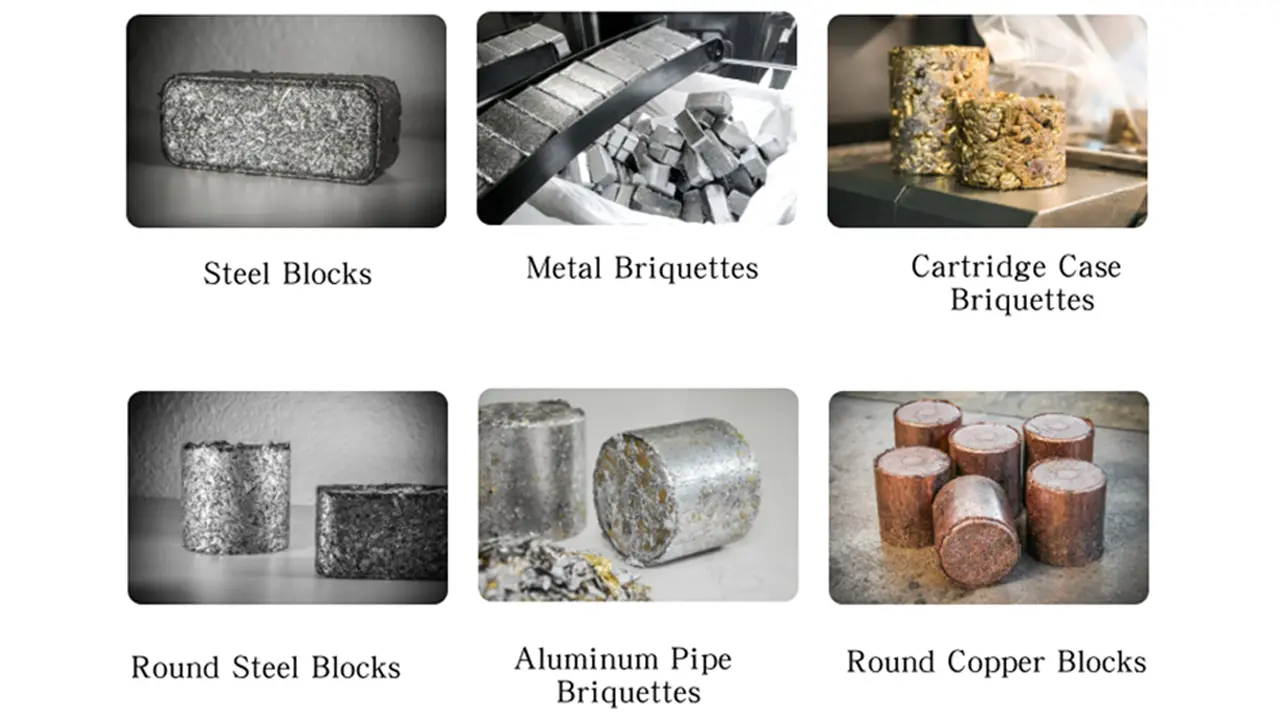 Nuestras máquinas son capaces de procesar una amplia gama de residuos metálicos, incluyendo restos de tubería de aluminio, chatarra de cobre y virutas de acero, convirtiéndolos en briquetas compactas de alto valor de reciclaje.