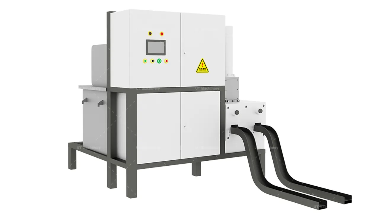 Vista lateral de una máquina briqueteadora hidráulica de alta eficiencia con doble salida, que cuenta con un panel de control avanzado y una estructura robusta para el procesamiento industrial de biomasa.