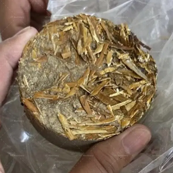 Resultado final del proceso de briqueteado hidráulico, mostrando una estructura sólida y compacta que minimiza las pérdidas por oxidación durante la fundición.