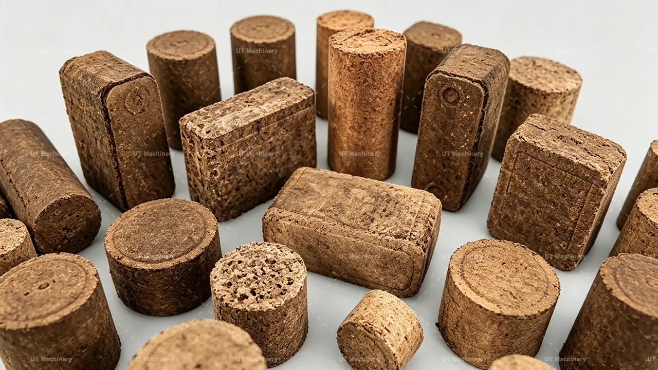Muestras de briquetas de biomasa terminadas de alta densidad en varias formas y tamaños