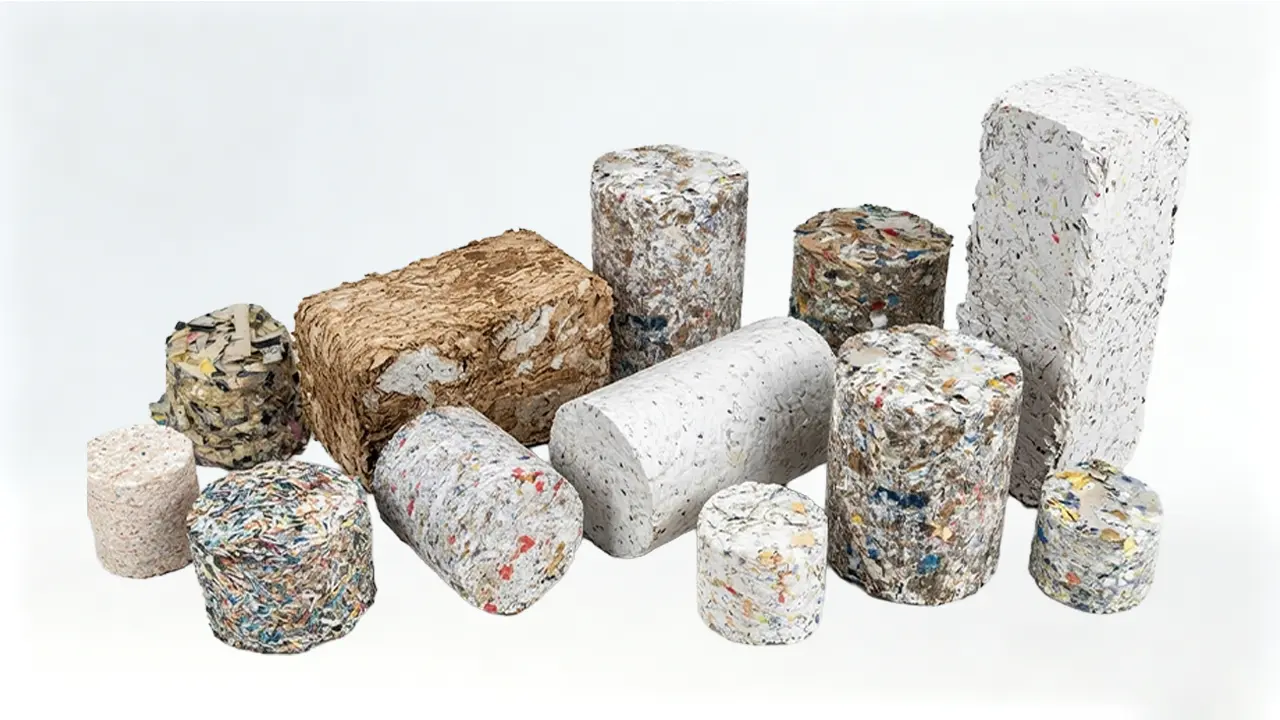 Diversas formas de briquetas de combustible de alta densidad fabricadas con papel de oficina reciclado y cartón corrugado.
