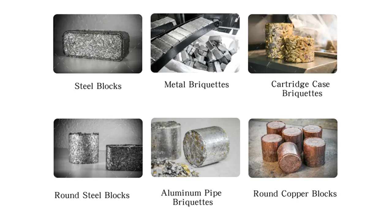 Colección de briquetas metálicas recicladas de alto valor, incluyendo bloques de acero, briquetas de metal, casquillos de cartuchos y bloques redondos de cobre hechos de residuos industriales.
