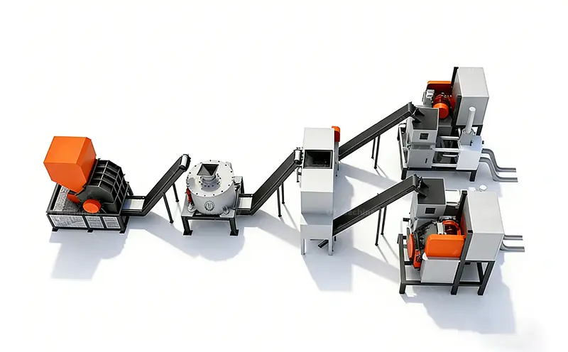 Renderizado 3D de una línea automática completa de reciclaje de virutas de cobre con cinta transportadora, trituradora y prensa briquetadora.