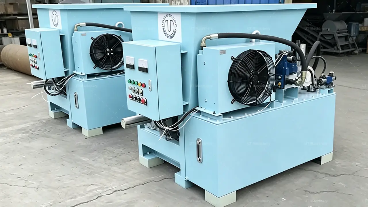 Vista posterior de la prensa de briquetas de biomasa que muestra el ventilador de enfriamiento industrial y el conjunto del motor hidráulico.