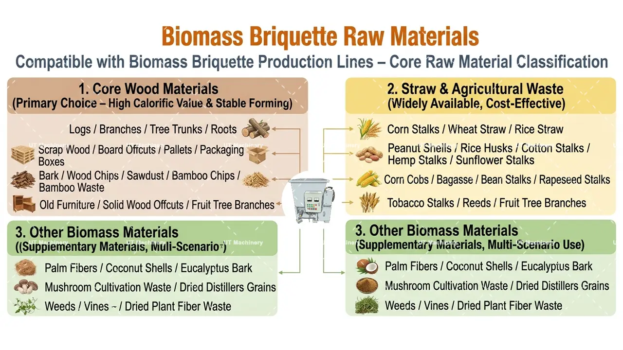 Gráfico que muestra las materias primas de biomasa compatibles, incluidos residuos de madera, cascarilla de arroz y tallos agrícolas.