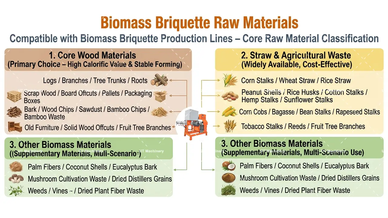 Clasificación de materias primas para briquetas de biomasa de UT Machinery, incluyendo madera, paja y residuos agrícolas.