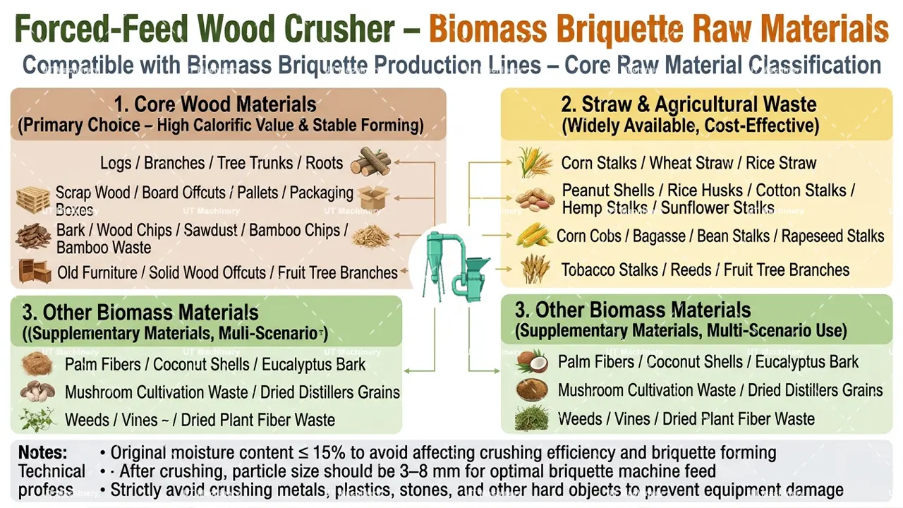 Tabla de clasificación integral de materias primas de biomasa compatibles con la trituradora de madera de alimentación forzada UT, incluyendo troncos, paja y residuos agrícolas