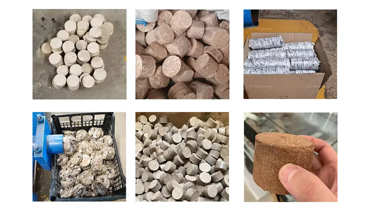 Una colección de briquetas de combustible de biomasa cilíndricas de alta densidad hechas de aserrín, paja agrícola y residuos de papel.