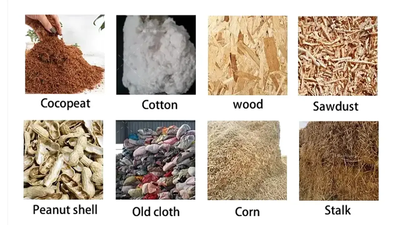 Materias primas adecuadas para la prensa briquetadora UT incluyendo turba de coco suelta, serrín, astillas de madera y cáscara de maní