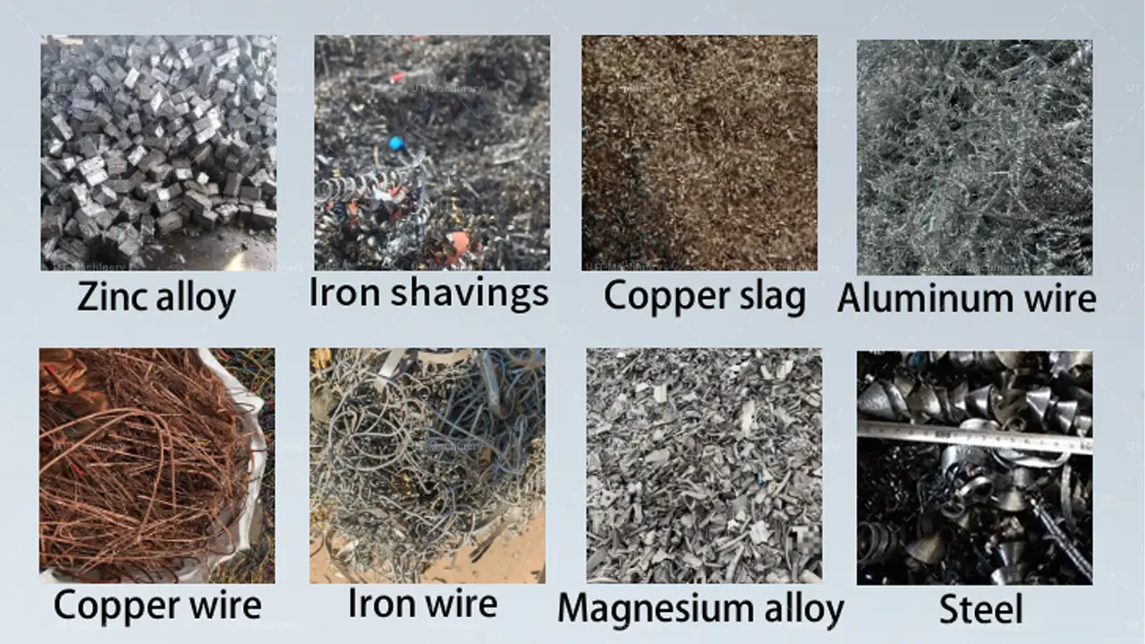 Diferentes tipos de residuos de chatarra de mecanizado industrial de metales ferrosos y no ferrosos, incluyendo virutas de acero, virutas de hierro, hilo de cobre y recortes de aleación de zinc.