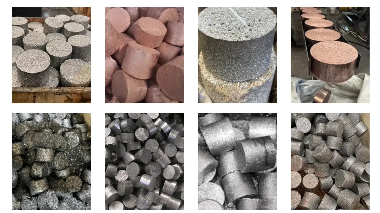 Varias muestras de briquetas de chatarra metálica de alta densidad, incluidos bloques cilíndricos prensados en frío de acero, hierro fundido, cobre y aluminio.