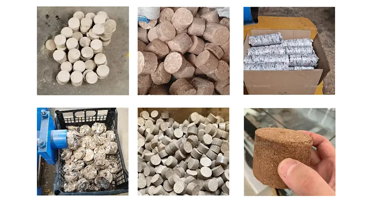 Muestras de briquetas sólidas de alta densidad de 50 mm y leños ecológicos producidos por una prensa mecánica por impacto.