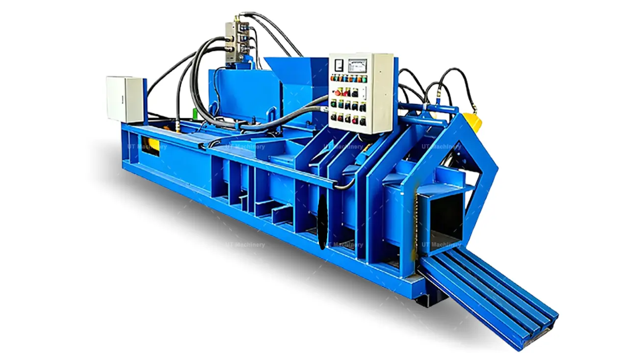 Máquina industrial para fabricar bloques de fibra de coco con expulsión automática de bloques y rampa de descarga