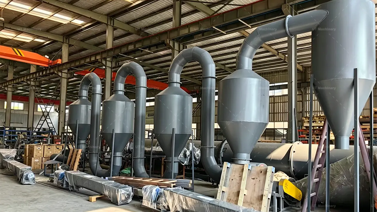 Sistema completo de secado de biomasa industrial con múltiples ciclones en el taller de UT Machinery
