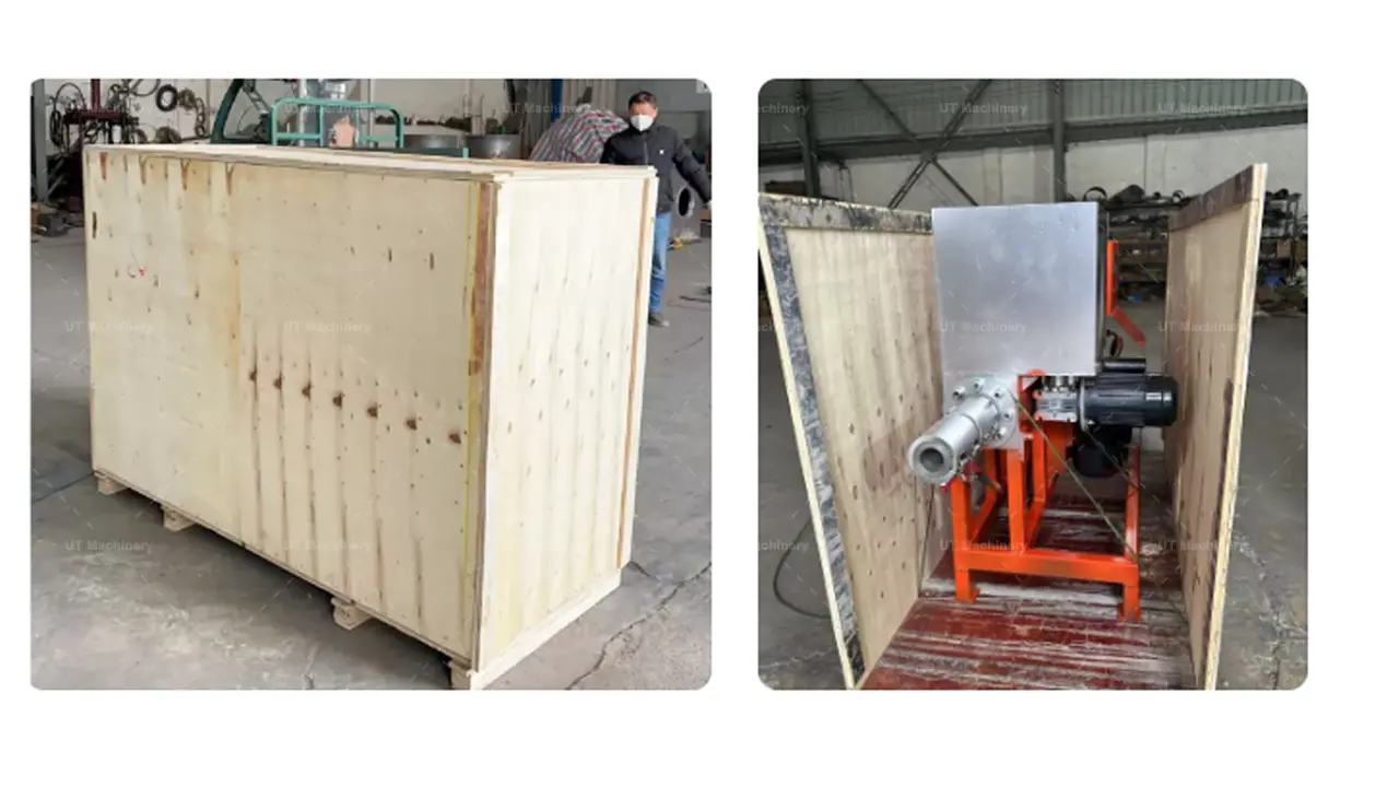 Prensa de briquetas por impacto de UT Machinery embalada en una caja de madera resistente para exportación internacional.