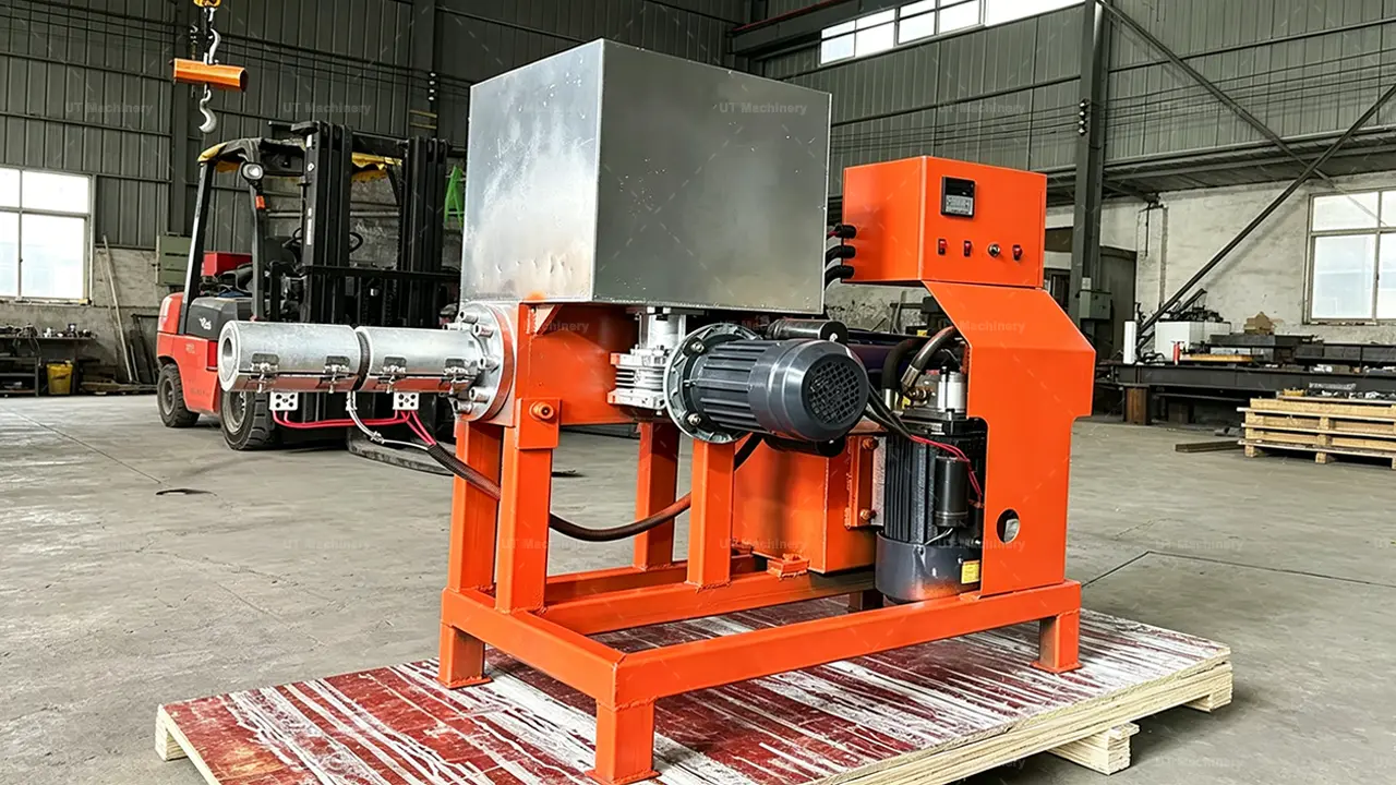 Prensa industrial de briquetas de aserrín lista para el envío en el taller de la fábrica de UT Machinery.
