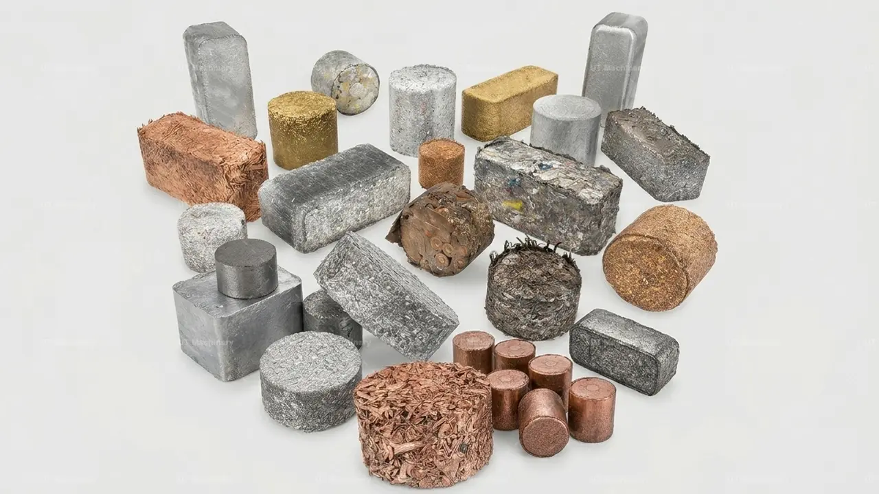 Muestra de briquetas de metal de alta densidad (aluminio, acero, cobre) producidas por la prensa briquetadora hidráulica de UT Machinery