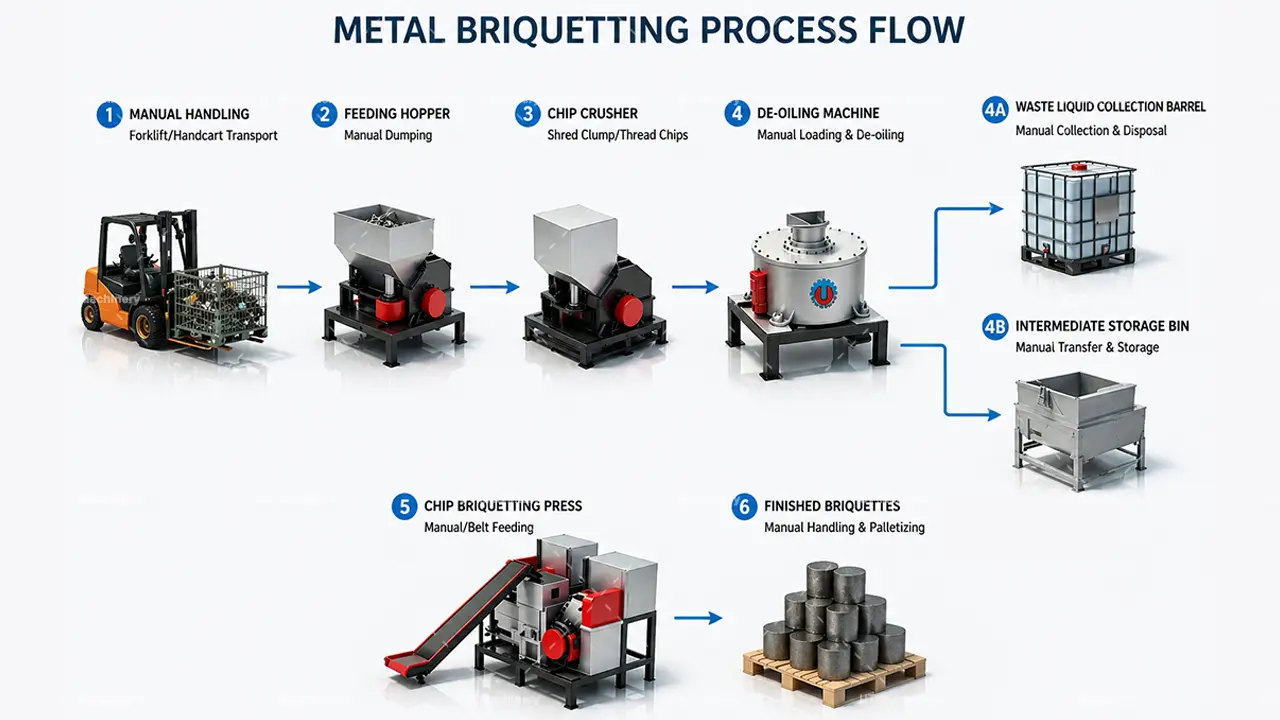 Diagrama paso a paso del flujo del proceso de briquetado de metal en 6 etapas de UT Machinery, desde el manejo manual hasta las briquetas terminadas