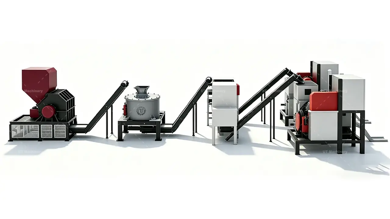 Plano en vista lateral de la línea de prensa briquetadora de metal completamente automática de UT Machinery para la recuperación de virutas aceitosas