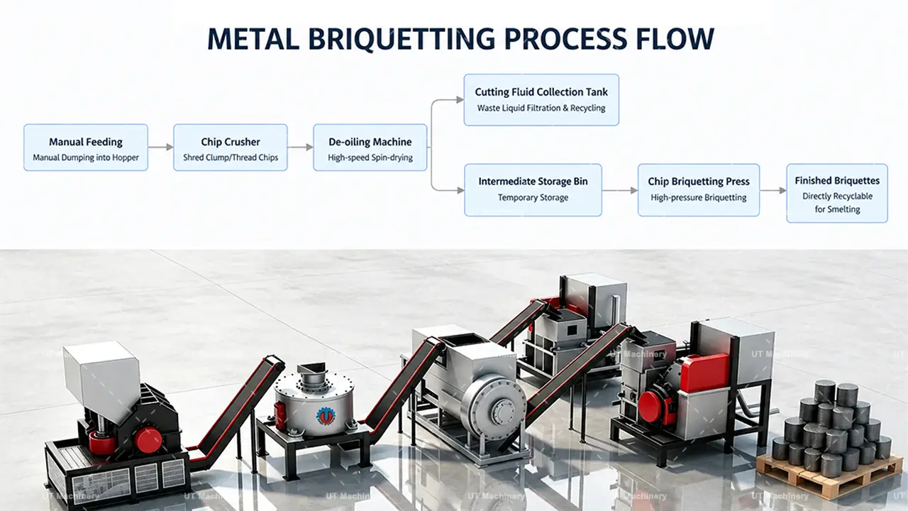 Vista en perspectiva del sistema de briquetado de metal de UT Machinery con componentes etiquetados: trituradora de virutas, máquina desengrasadora y prensa briquetadora