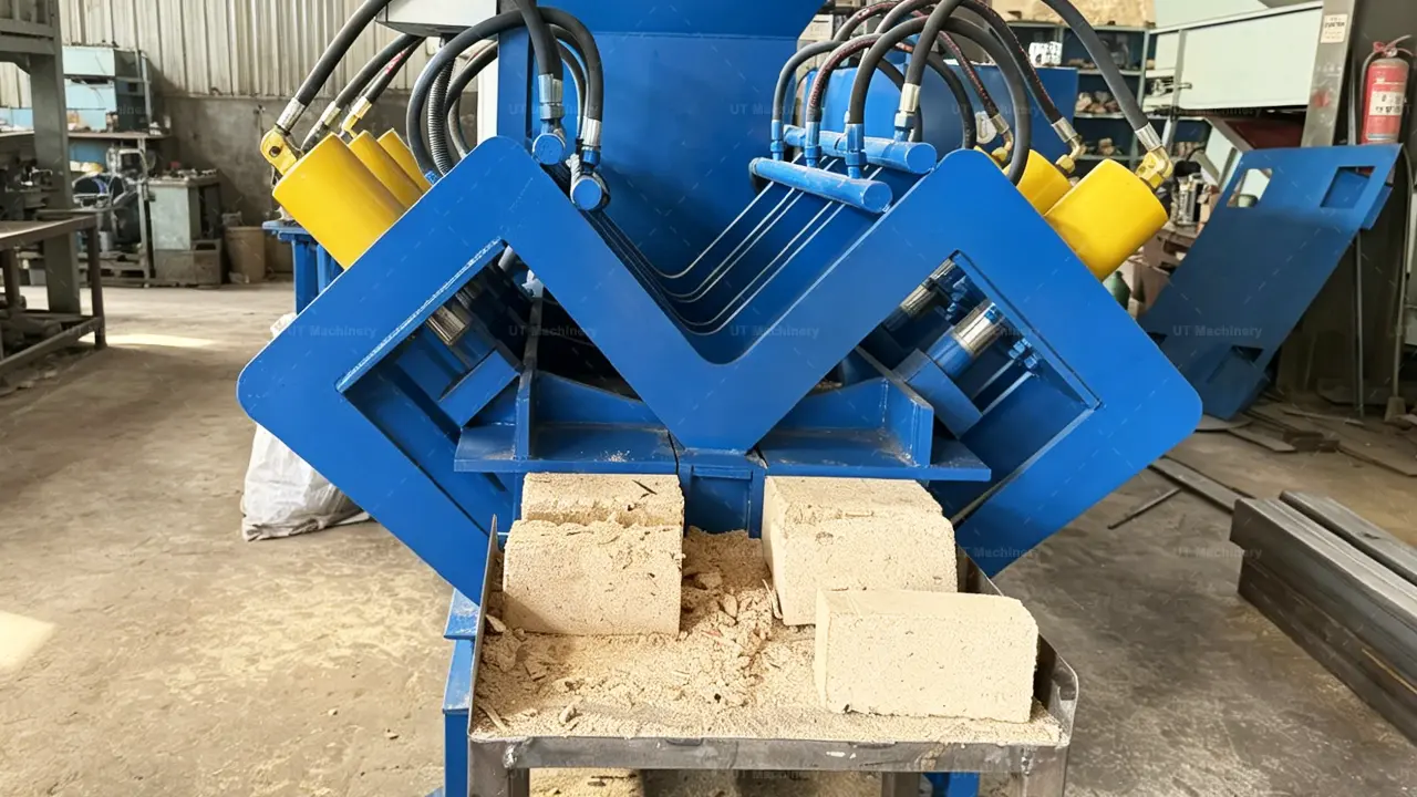 Producción sincronizada de dos briquetas de madera uniformes por cada ciclo de prensado