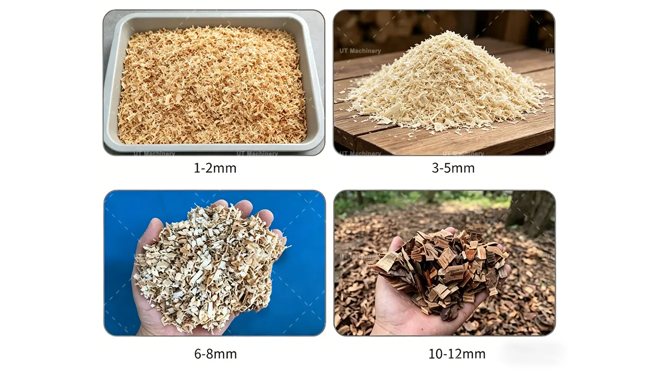 Comparación de tamaños de partículas de aserrín producidas por la trituradora de madera UT: 1-2 mm, 3-5 mm, 6-8 mm y 10-12 mm