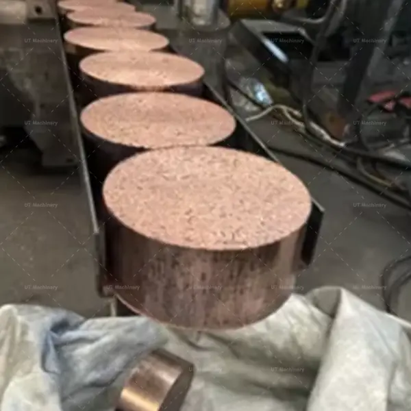 Briquetas circulares de virutas de latón de alta densidad dispuestas ordenadamente en el riel del transportador de descarga de una prensa de briquetas.