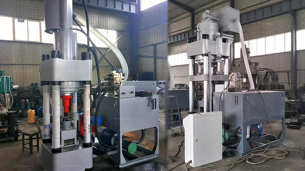 Sistema de prensa hidráulica vertical de alta resistencia para briquetas de latón, integrado con una estación de aceite independiente y un sistema de drenaje de refrigerante.