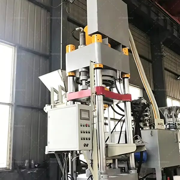 Prensa vertical compacta para briquetas de virutas de latón con un sistema de control PLC inteligente de pantalla táctil integrado para talleres CNC.