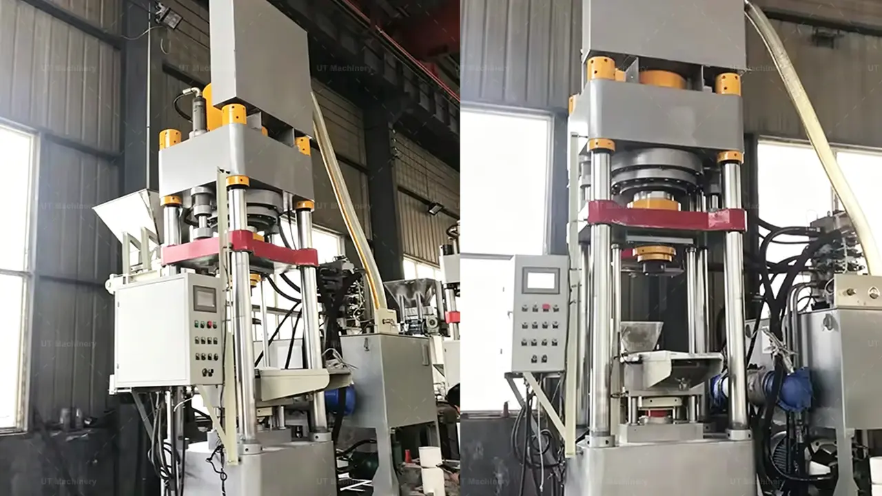 Prensadora vertical de virutas de latón industrial con panel de control PLC automático instalada en un taller de mecanizado CNC.